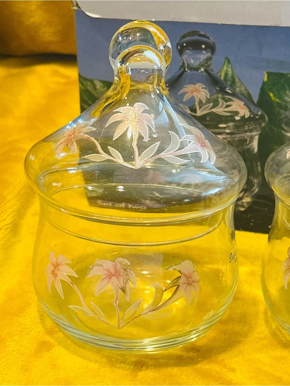 VTG Pasabahcee Turkey Set of 2 Glass Candy Dish Jar Lotus Flower Lid NIB Vanity